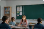 A teacher with students in a classroom